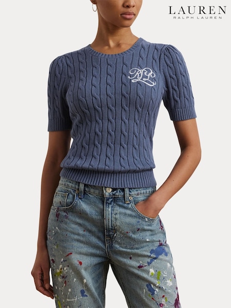 Lauren Ralph Lauren Blue Tarjyll Cable Knit Embroidered Logo Short Sleeve Knit Jumper (H12355) | €211