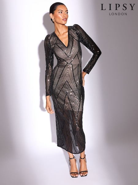 Lipsy Black Sequin V-Neck Puff Long Sleeve Midaxi Dress (H12364) | €168