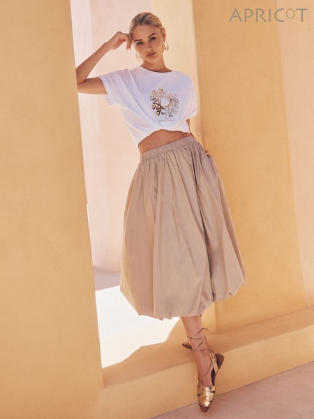 Apricot Natural Puff Hem Elastic Waist 100% Cotton Midi Skirt (H12385) | €51