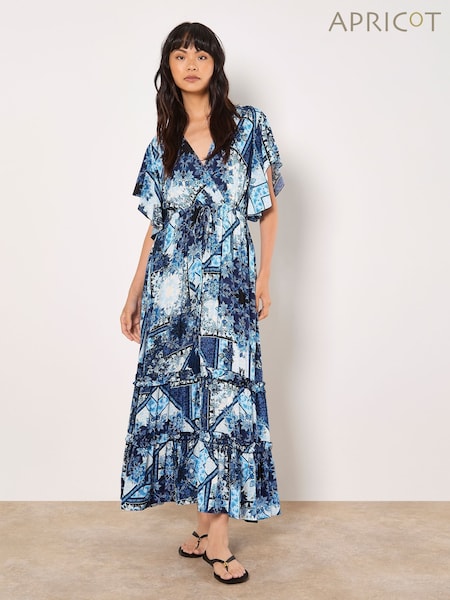Apricot Blue Patchwork Ruffle Tiered Midi Dress (H12391) | €63
