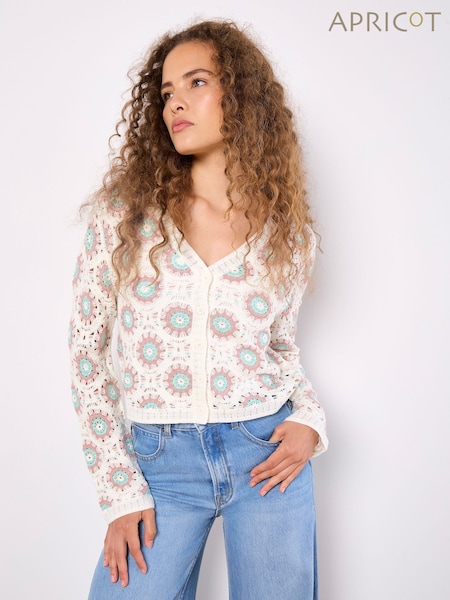 Apricot Cream Daisy Print Crochet Cardigan (H12399) | €47