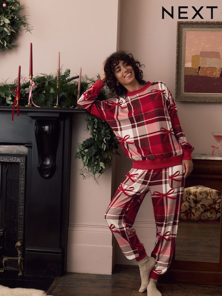 Red Check Bow Cosy Long Sleeve Pyjamas (H12430) | €38