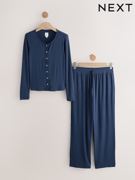 Navy Ribbed Long Sleeve Pyjamas (H12475) | €41
