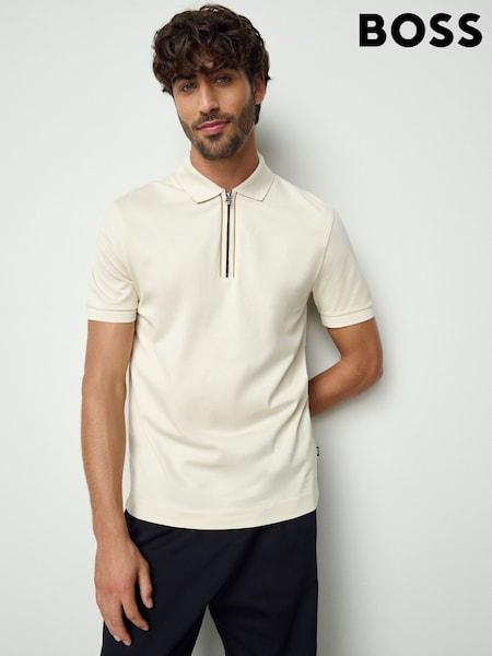 BOSS White Paras Zip Neck Knitted Polo Shirt (H12540) | 676 QAR