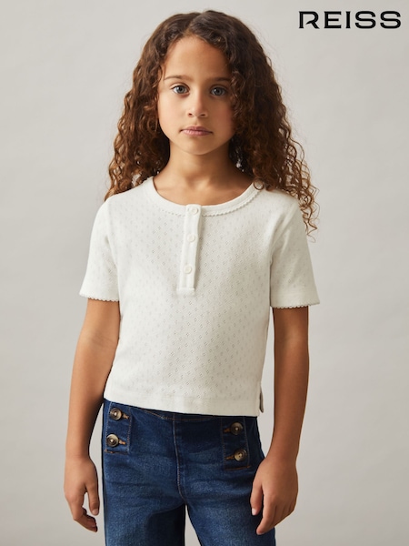 Reiss Margot Cotton Pointelle Button T-Shirt (H12676) | 206 LEI