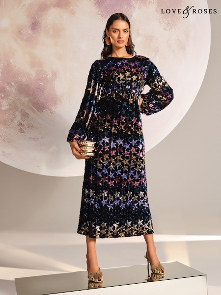 Love & Roses Multi Star Sequin Velvet Midi Dress (H12827) | €117