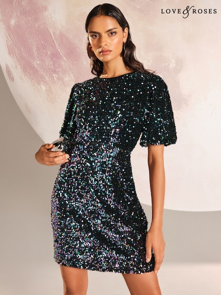 Love & Roses Multi Sequin Puff Sleeve Mini Dress (H12830) | €87