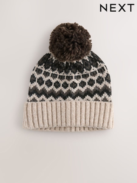 Neutral Brown Fairisle Pattern Bobble Hat (H12897) | €15