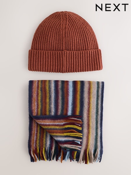 Orange / Multicolour Stripe Scarf And Beanie Matching Set (H12975) | €31