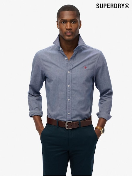 Ocean Navy Chambray - Superdry Classic Oxford 100% Cotton Shirt (H13265) | 335 LEI