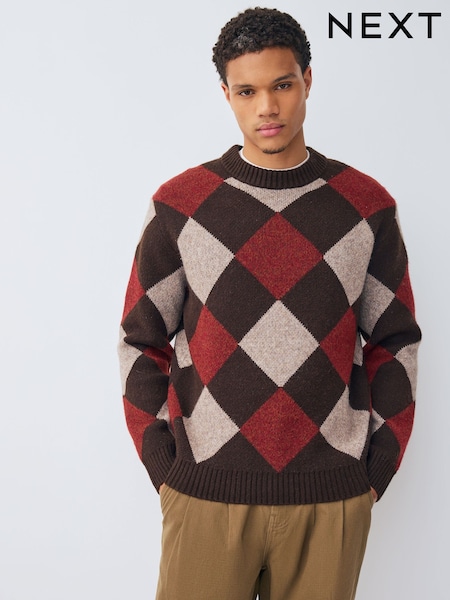 Marrón/rojo - Regular Fit Argyle Pattern Crew Jumper with Wool (H13353) | 43 €