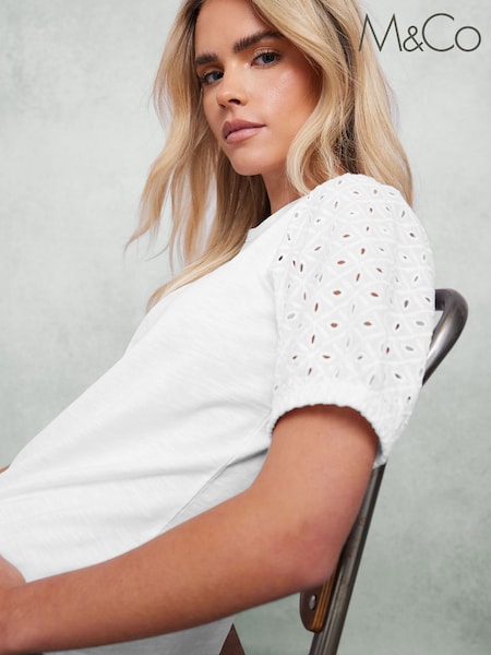 M&Co Petite Broderie Puff Sleeve 100% Cotton T-Shirt (H13367) | €36