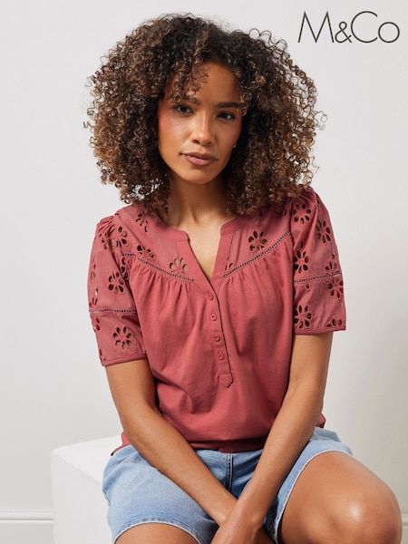 Vaaleanpunainen - M&Co Woven Broderie anglaise Sleeve 100% puuvillaa T-paita (H13378) | €41