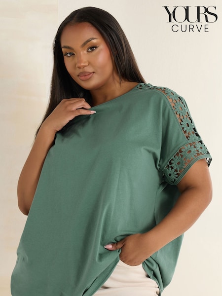 Yours Curve Green Boxy Crochet Insert 100% Cotton T-Shirt (H13384) | $35