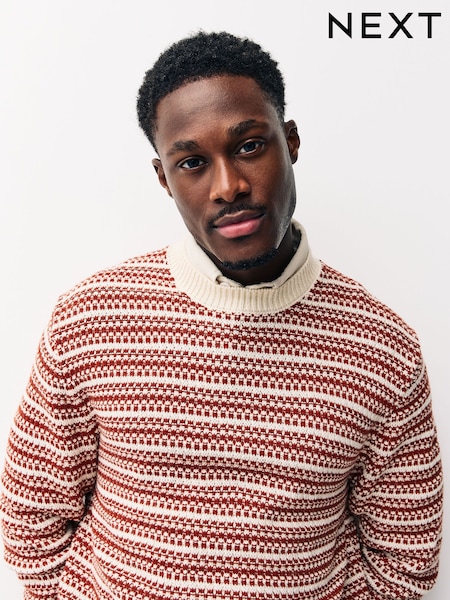 Rust Brown Regular Fit Striped Crew Neck Jumper with Wool (H13411) | 158 QAR