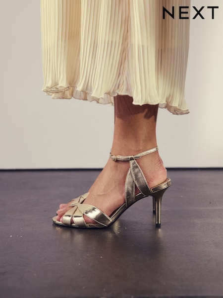 Gold Forever Comfort Leather Lattice Front Heeled Sandals (H13551) | 220 QAR