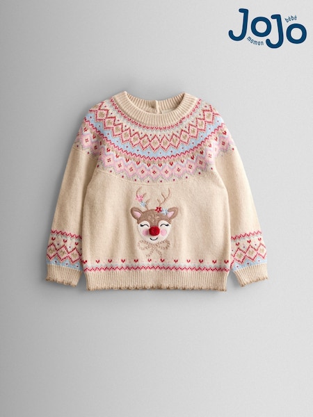 JoJo Maman Bébé Cream Reindeer FairIsle Embroidered Jumper (H13619) | AED186 - AED221
