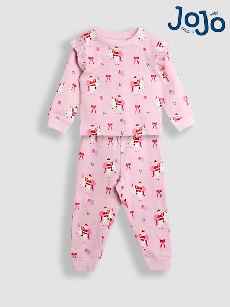 JoJo Maman Bébé Pink Christmas Unicorn Print Glow In The Dark Jersey Pyjamas (H13716) | €29