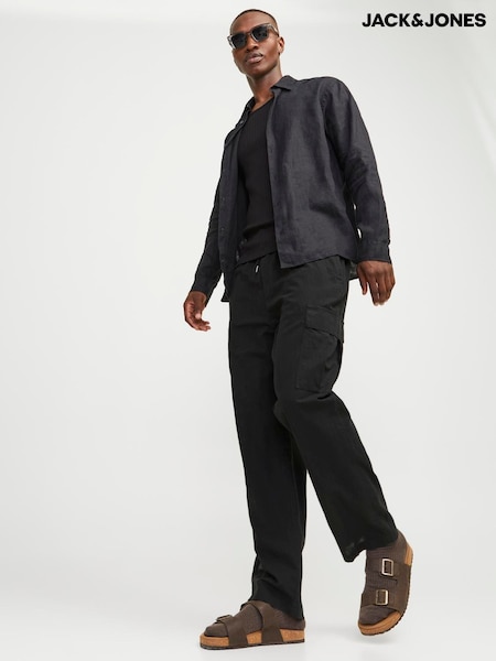 JACK & JONES Black Loose Fit Linen Blend Cargo Trousers (H13745) | €64