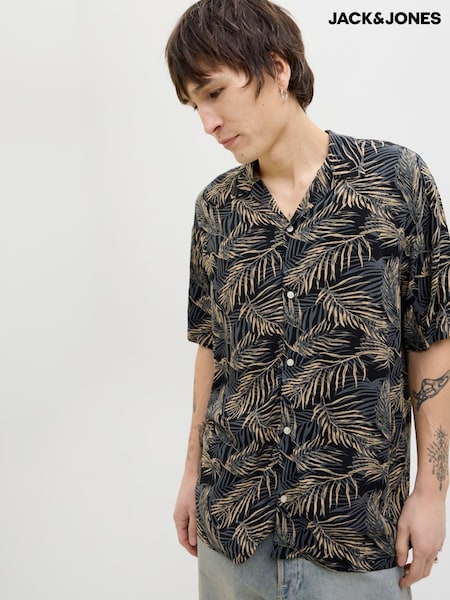 שחור - Jack & Jones Tropical Print Short Sleeve Resort Shirt (H13757) | ‏141‏₪