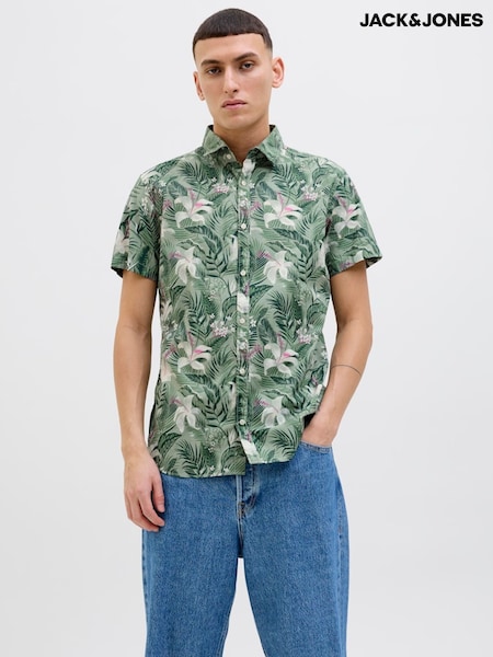 JACK & JONES Green Hawaiian Resort Short Sleeve 100% Cotton Shirt (H13765) | €32