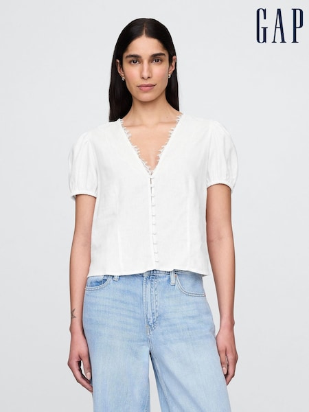 Gap White Linen-Blend Lace V-Neck Top (H13818) | €70