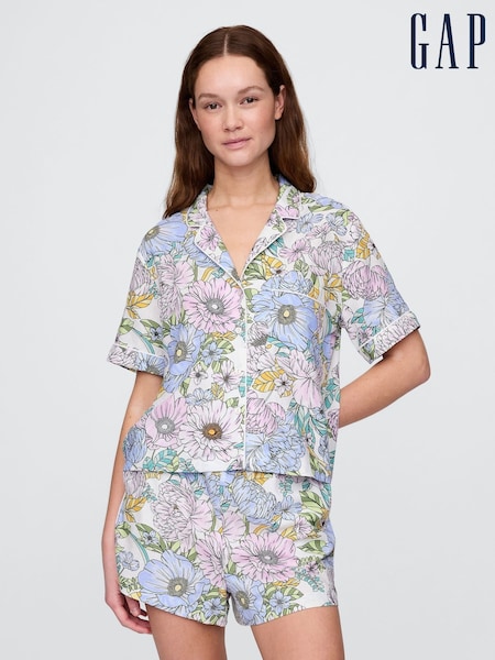 Roze bloemen - Gap Linen-Blend Short Sleeve Pyjama Shirt (H13833) | € 54