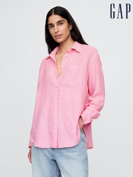 Gap Pink Pinstripe 100% Linen Button Down Long Sleeve Oversized Shirt (H13839) | €98