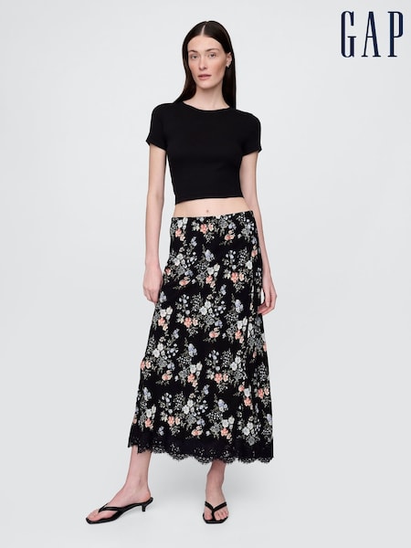 Gap Black Floral Crepe Lace-Trim Maxi Skirt (H13878) | €70
