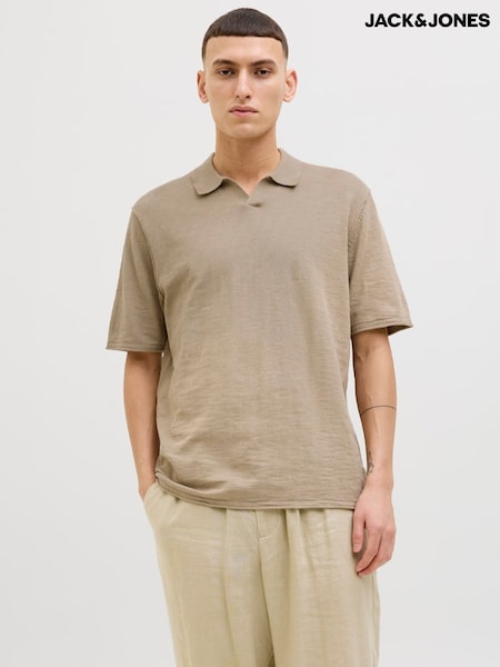 JACK & JONES Brown Split Neck Knitted 100% Cotton Polo Shirt (H13958) | €29