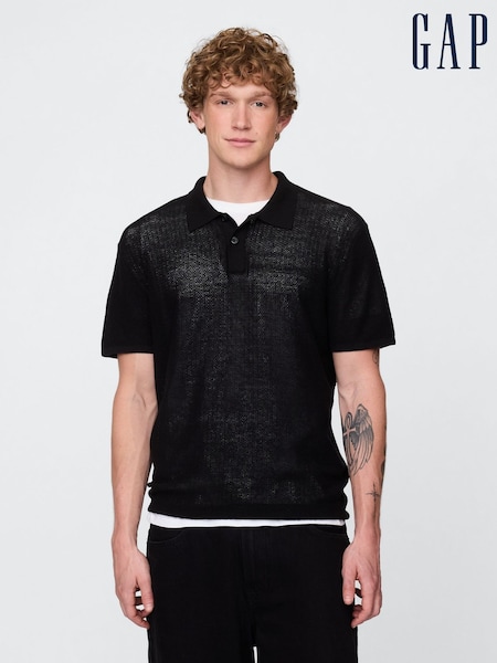 Gap Black Textured Crochet Short Sleeve Polo Shirt (H14008) | €46