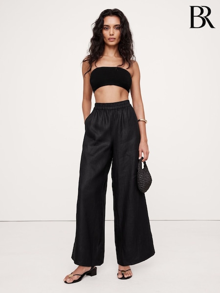 Banana Republic Black Wide-Leg Pull On Linen Ankle Trousers (H14112) | €144