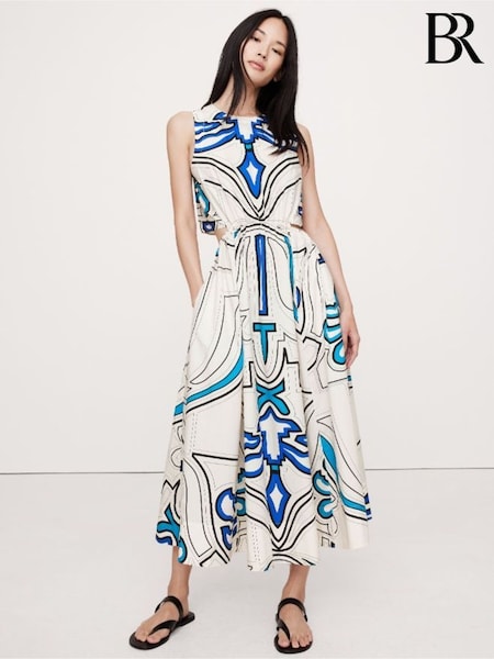 Banana Republic Cream/Blue Print Cotton Poplin Cut-Out Midi Dress (H14114) | €144