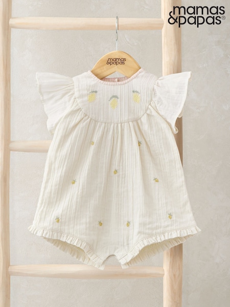 Mamas & Papas White Lemon Embroidered 100% Cotton Romper (H14173) | kr428
