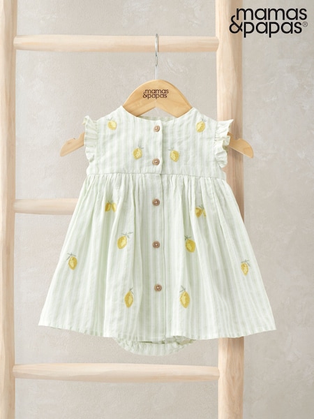 Mamas & Papas Green Lemon Embroidered Striped Mock Dress (H14176) | ₪146