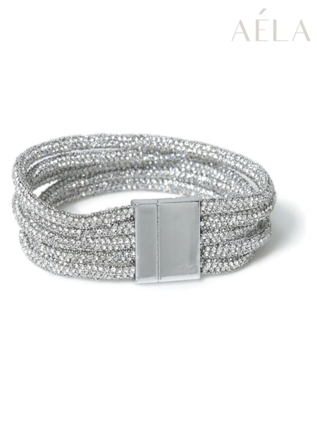 Aela Silver Tone Rhinestone Multi Tube Magnet Cuff Bracelet (H14234) | ₪70