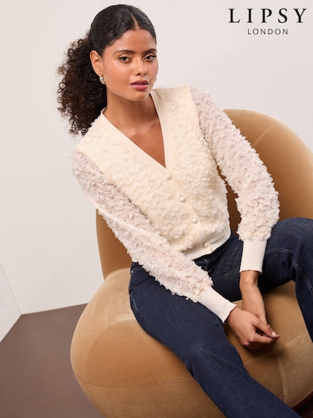Lipsy Ivory Textured 3D Trim V Neck Knit Cardigan (H14261) | €62.50
