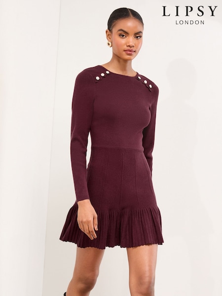 Lipsy Berry Red Knitted Scallop Buttoned Pleated Hem Mini Dress (H14278) | €67