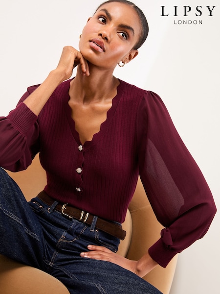 Berry Red - Lipsy Tipped Scallop Chiffon Sleeve Knitted Jumper (H14306) | R$ 385