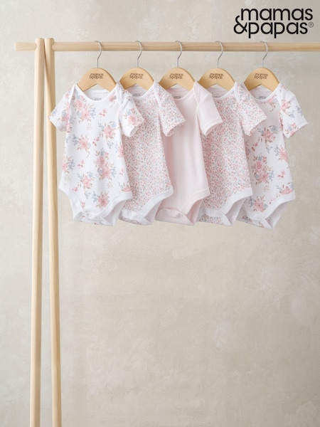 Mamas & Papas Pink Floral Print 100% Cotton Short Sleeve Bodysuits 5 Pack (H14307) | 25 €
