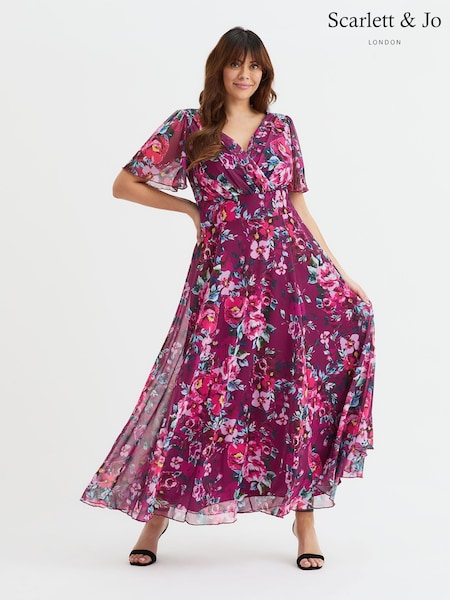 Scarlett & Jo Purple Plum Curve Isabelle Angel Sleeve Maxi Dress (H14311) | 470 QAR