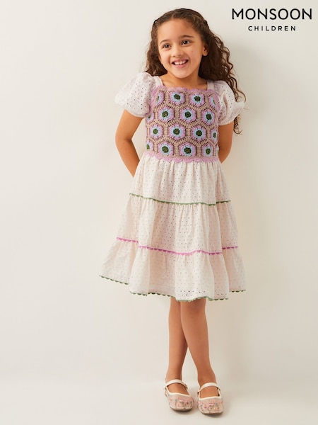 Monsoon Natural Crochet Broderie Puff-Sleeve 100% Cotton Dress (H14386) | kr543 - kr614