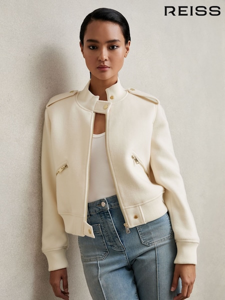 Reiss Cream Cleo Brushed Wool Epaulette Bomber Jacket (H14424) | €395