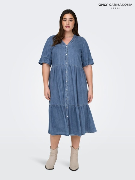 ONLY Curve Blue Chambray Denim Tiered Midi Shirt Dress (H14452) | €69