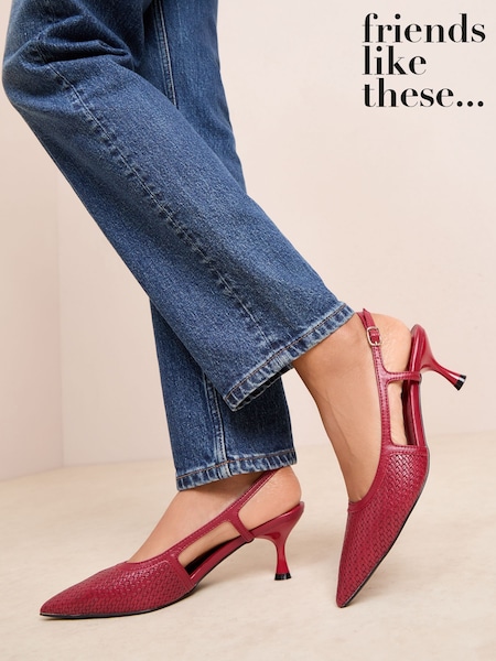 Friends Like These Red Woven Slingback Kitten Heel Pointed Toe Faux Leather Court Shoes (H14497) | €50