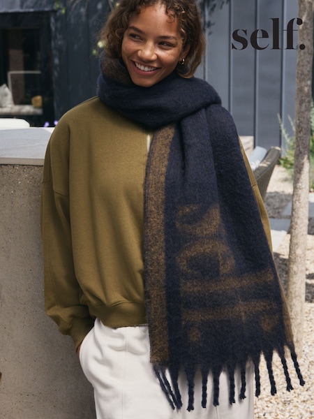 self. Navy/Camel Slogan Heavyweight Brushed Blanket Scarf (H14531) | 119 QAR