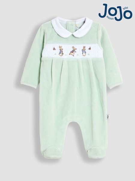JoJo Maman Bébé Mint Peter Rabbit Velour Smocked Collared All-In-One (H14536) | AED151