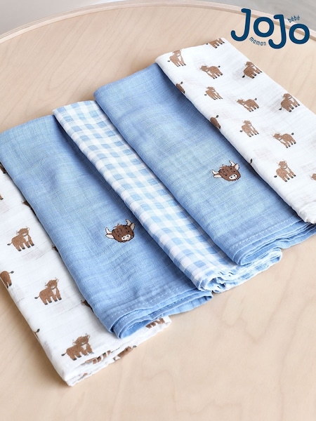 JoJo Maman Bébé Blue Highland Cow 5-Pack Embroidered Muslins (H14540) | AED105