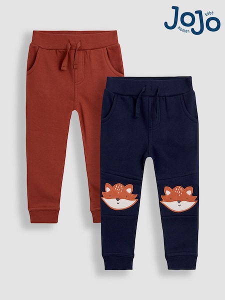 JoJo Maman Bébé Navy Blue Fox 2-Pack Appliqué Knee & Plain Joggers (H14574) | €35 - €40