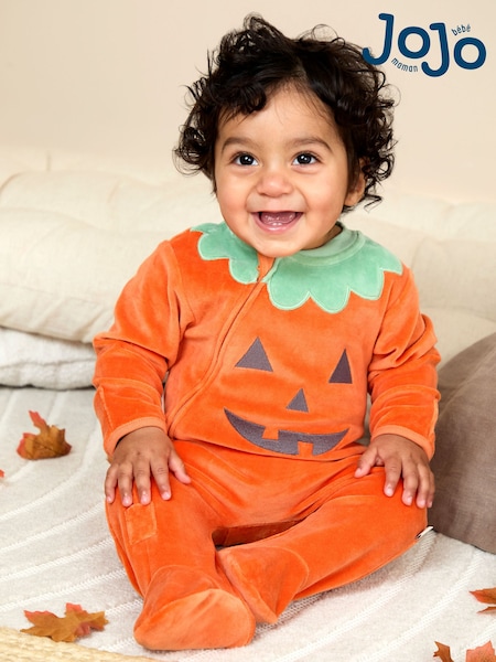 JoJo Maman Bébé Orange Velour Pumpkin All-In-One & Hat Set (H14594) | AED151